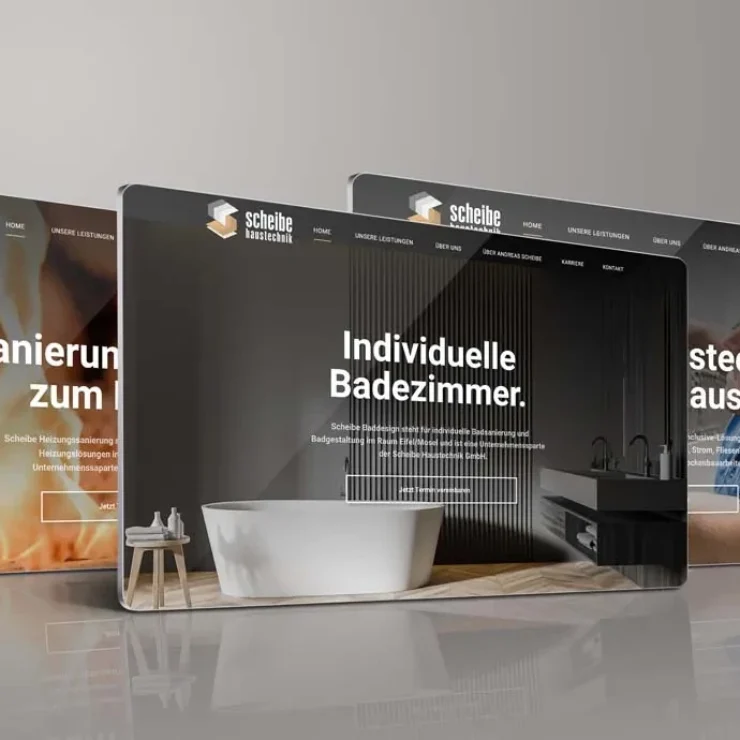 Drei Werbedisplays für Scheibe Haustechnik zeigen Angebote für Heizungssanierung, Badezimmerdesign und integrierte Haustechniklösungen, mit einem Fokus auf individuellen Kundenservice.