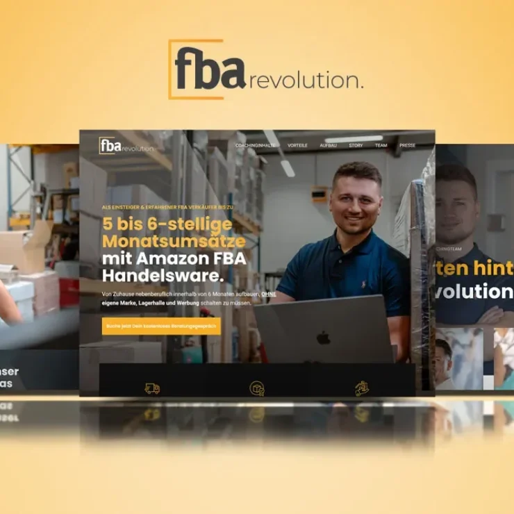 Ein Computermonitor zeigt die Startseite der fba revolution Webseite, die Dienstleistungen für erfolgreiches Verkaufen auf Amazon durch Fulfillment by Amazon (FBA) anbietet.