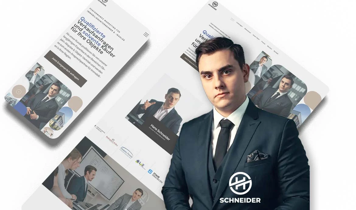 Digitale Marketingmaterialien mit dem Branding von Schneider, einschließlich eines Porträts des Geschäftsführers, angezeigt auf Tablet und Smartphone.