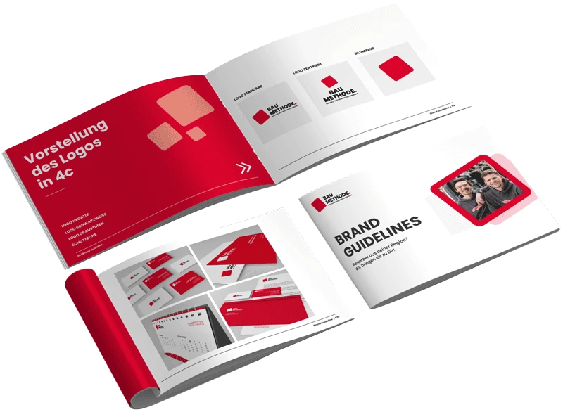 Markenrichtlinien-Broschüre mit rotem Design auf offenem Display.