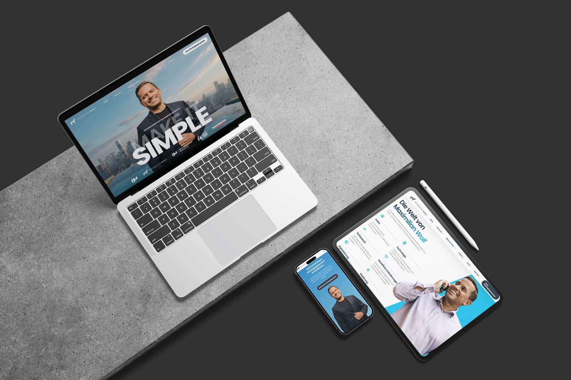 Mockup der Website von Maximilian Wolf auf Laptop, Tablet und Smartphone für responsives Webdesign