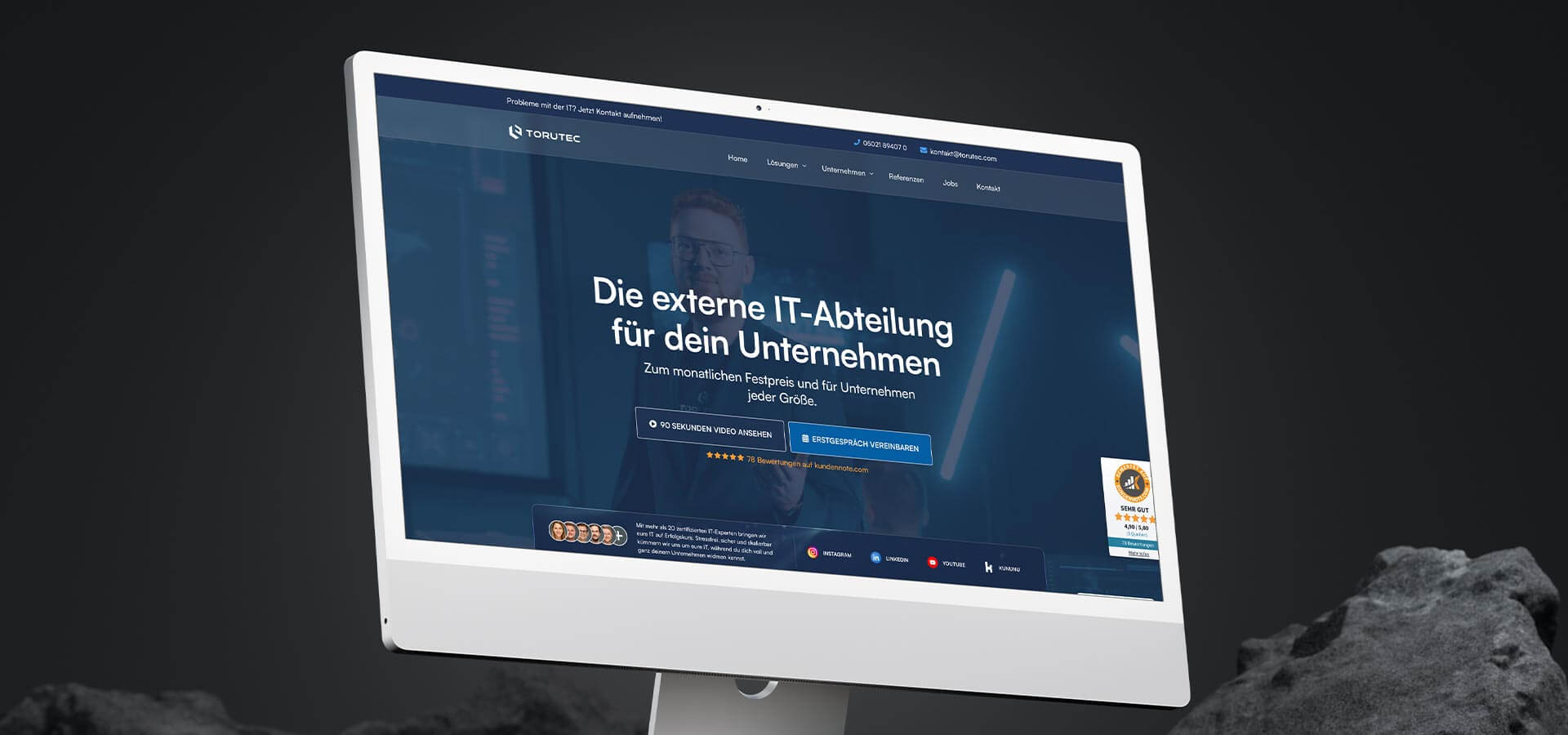 Mockup der neuen Torutec-Website auf einem Desktop-Bildschirm mit Claim „Die externe IT-Abteilung für dein Unternehmen“.
