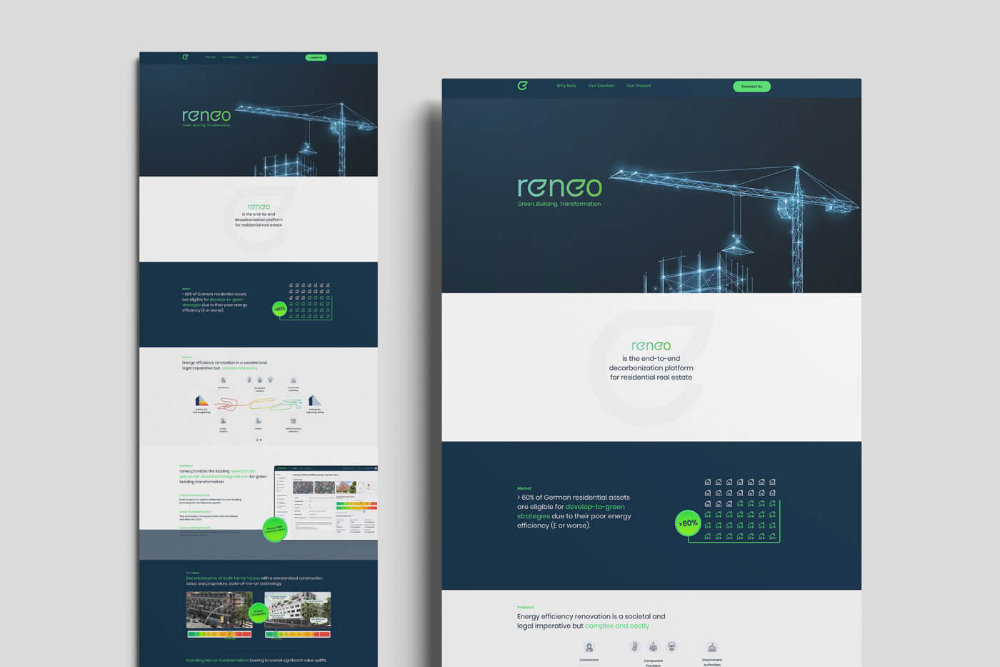 Screenshot der alten Website der Reneo Group mit dunklem Design und technischer Darstellung eines Baukrans
