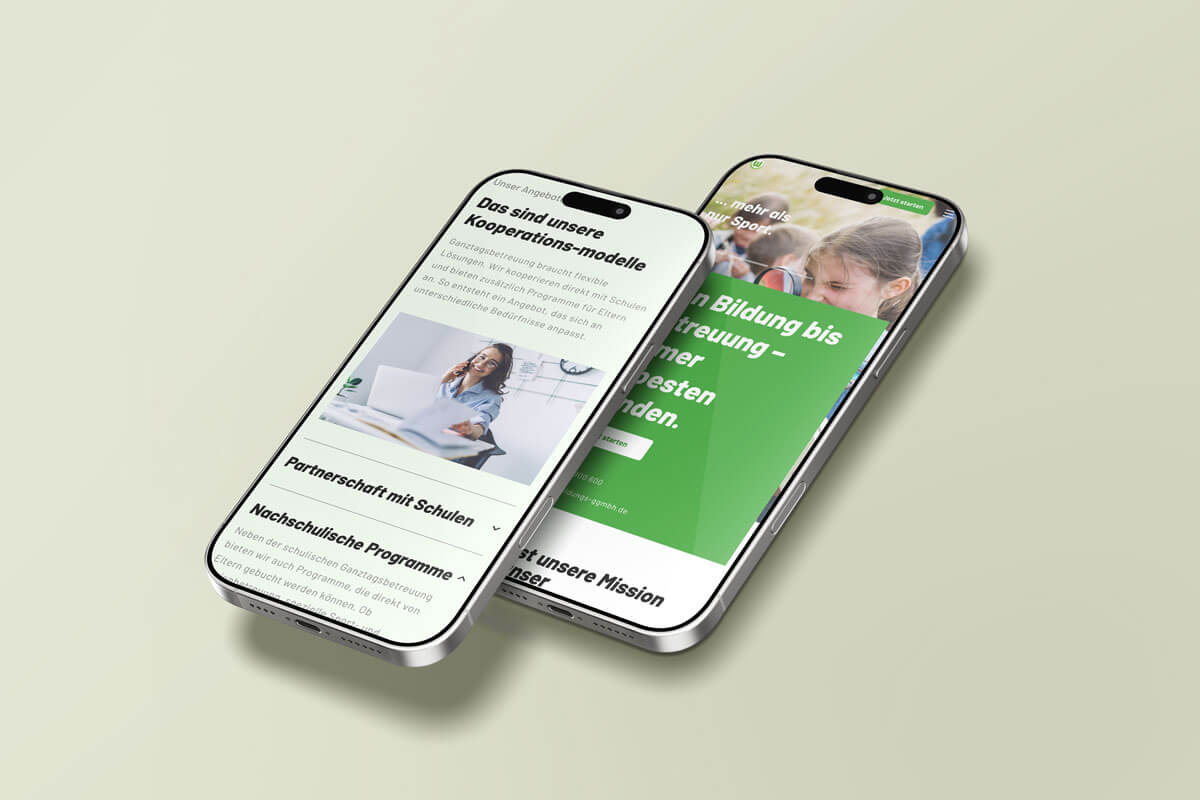 Mockup der mobilen Version der Website der VfL Wolfsburg Bildungs-gGmbH mit Fokus auf Betreuungsangebote und Kooperationen