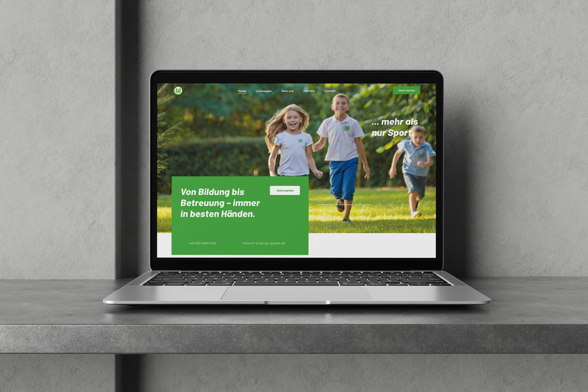 Screenshot der neuen Website der VfL Wolfsburg Bildungs-gGmbH mit modernem Design, klarem Wording und kinderfreundlicher Bildsprache