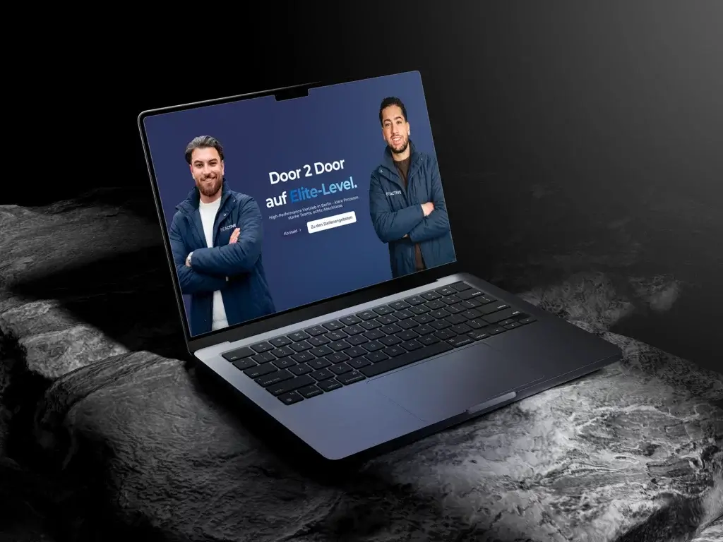 Website Design von BeActive Berlin – modernes Door-to-Door-Recruiting mit Laptop-Mockup, dunkler Bildwelt und klarer Sales-Kommunikation.