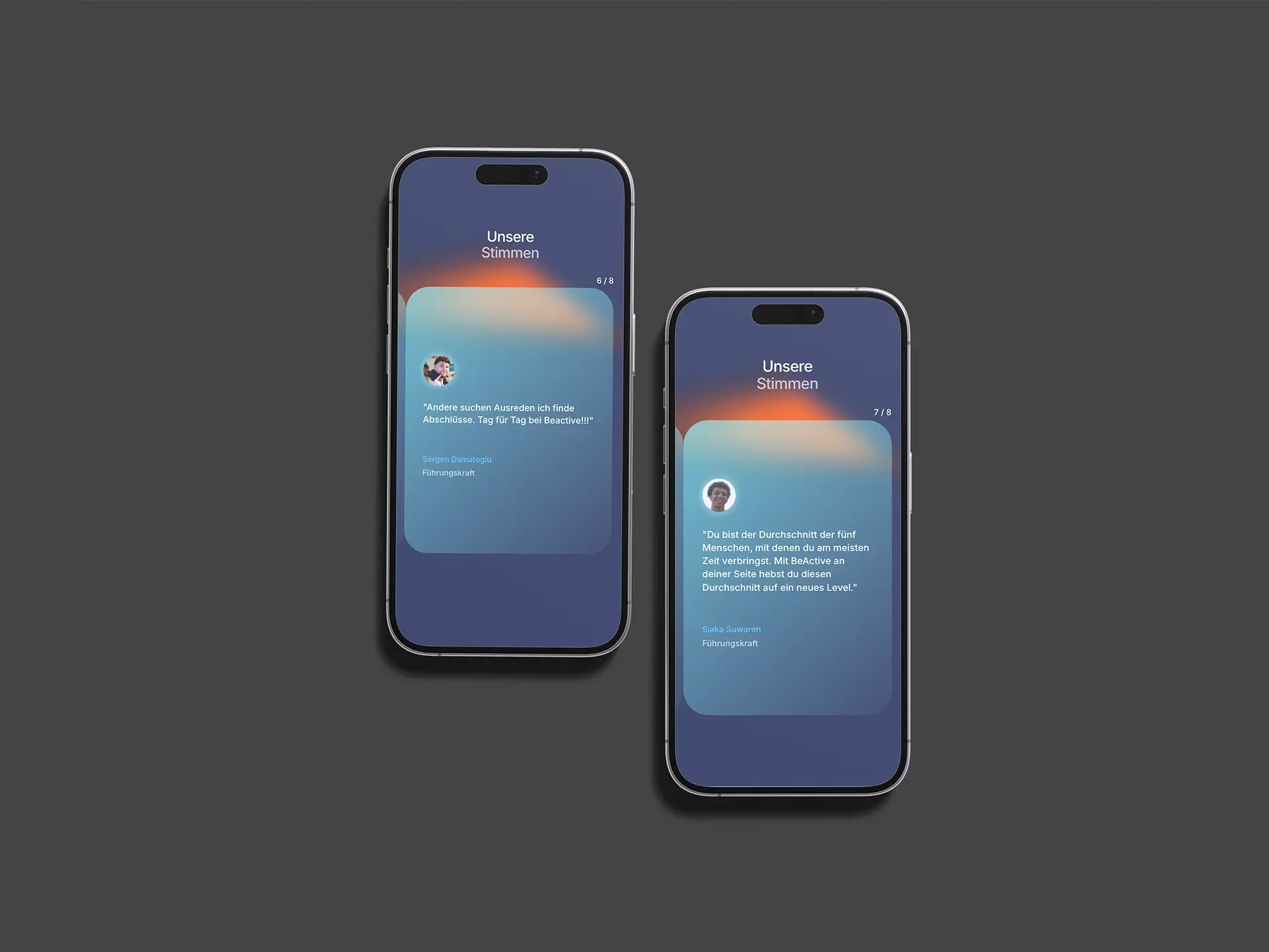 Mobile Website von BeActive Berlin – Smartphone-Mockup mit Mitarbeiterstimmen und Recruiting-Bereich für Door-to-Door-Vertrieb.