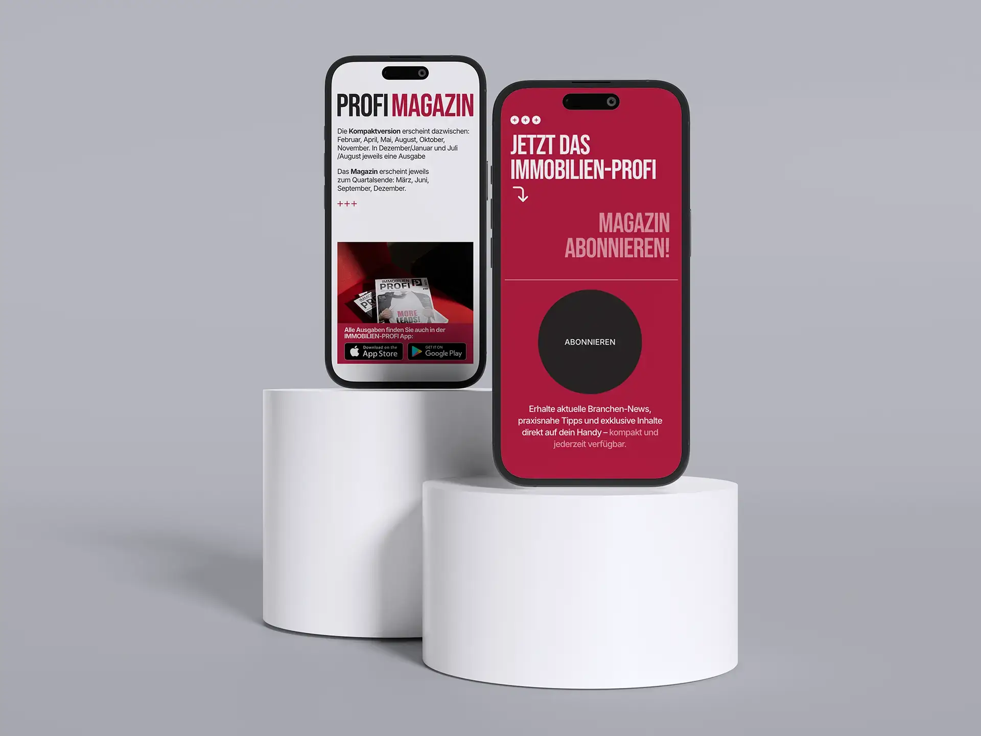 Mobile Website-Mockup des Immobilienprofi Magazins mit Smartphone-Ansicht für Magazin-Abo und digitale Inhalte.