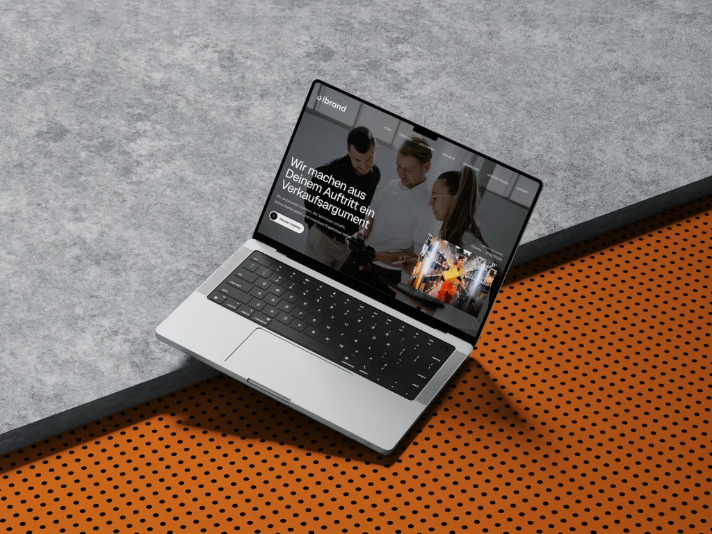 Laptop mit der Website von ibrand Design – professionelle Lösungen für Branding, Webdesign, Content-Erstellung und digitale Markenauftritte.