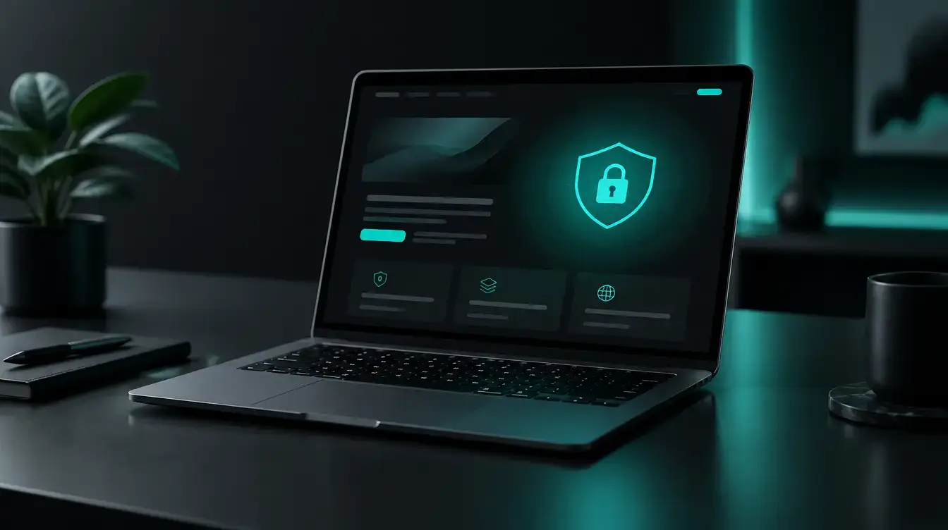Laptop mit Sicherheitssymbol auf dunklem Schreibtisch